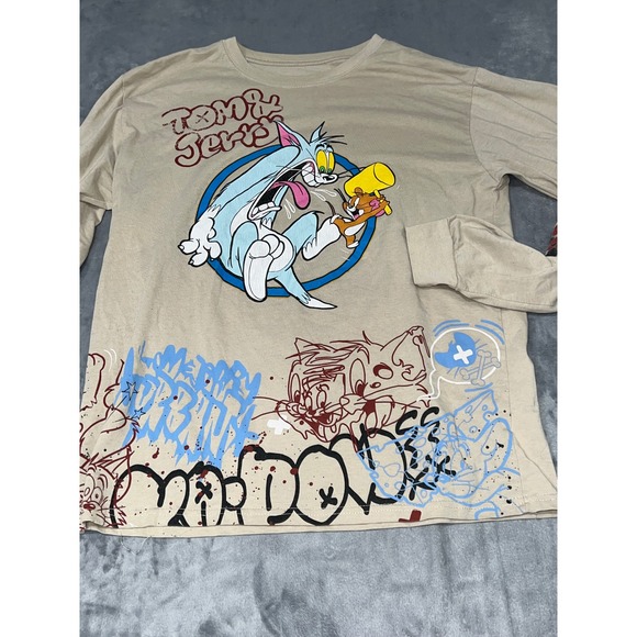 Tom and Jerry Other - Tom and Jerry Graphic Long Sleeve Shirt Tan Graffiti Streetwear Mens Large L